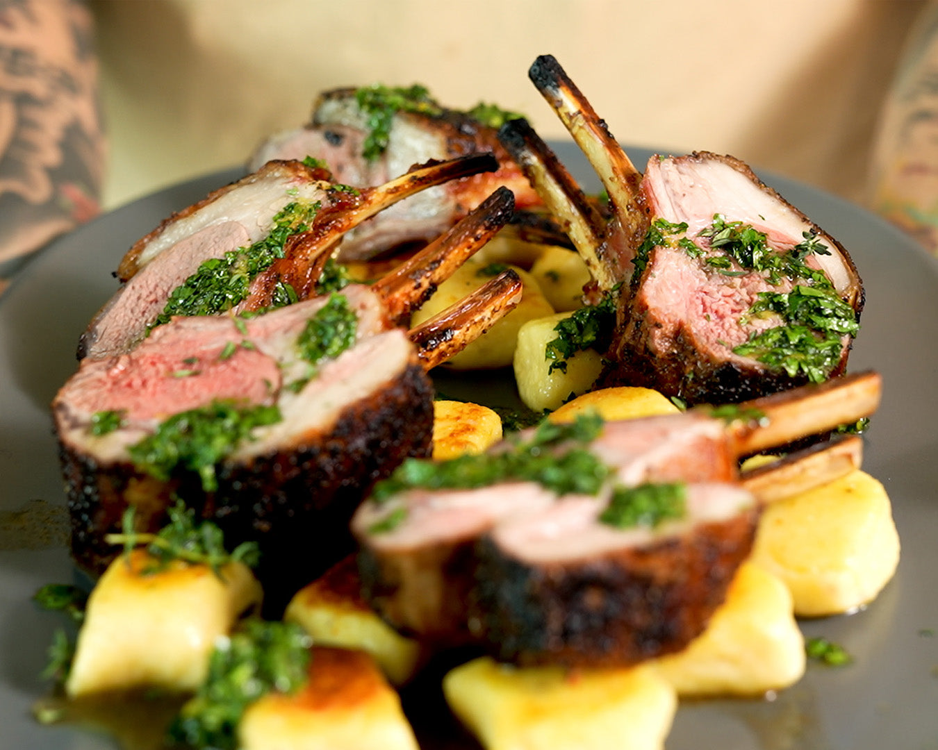 Magic Dust Lamb Rack with Potato gnocchi & Honey Gremolata