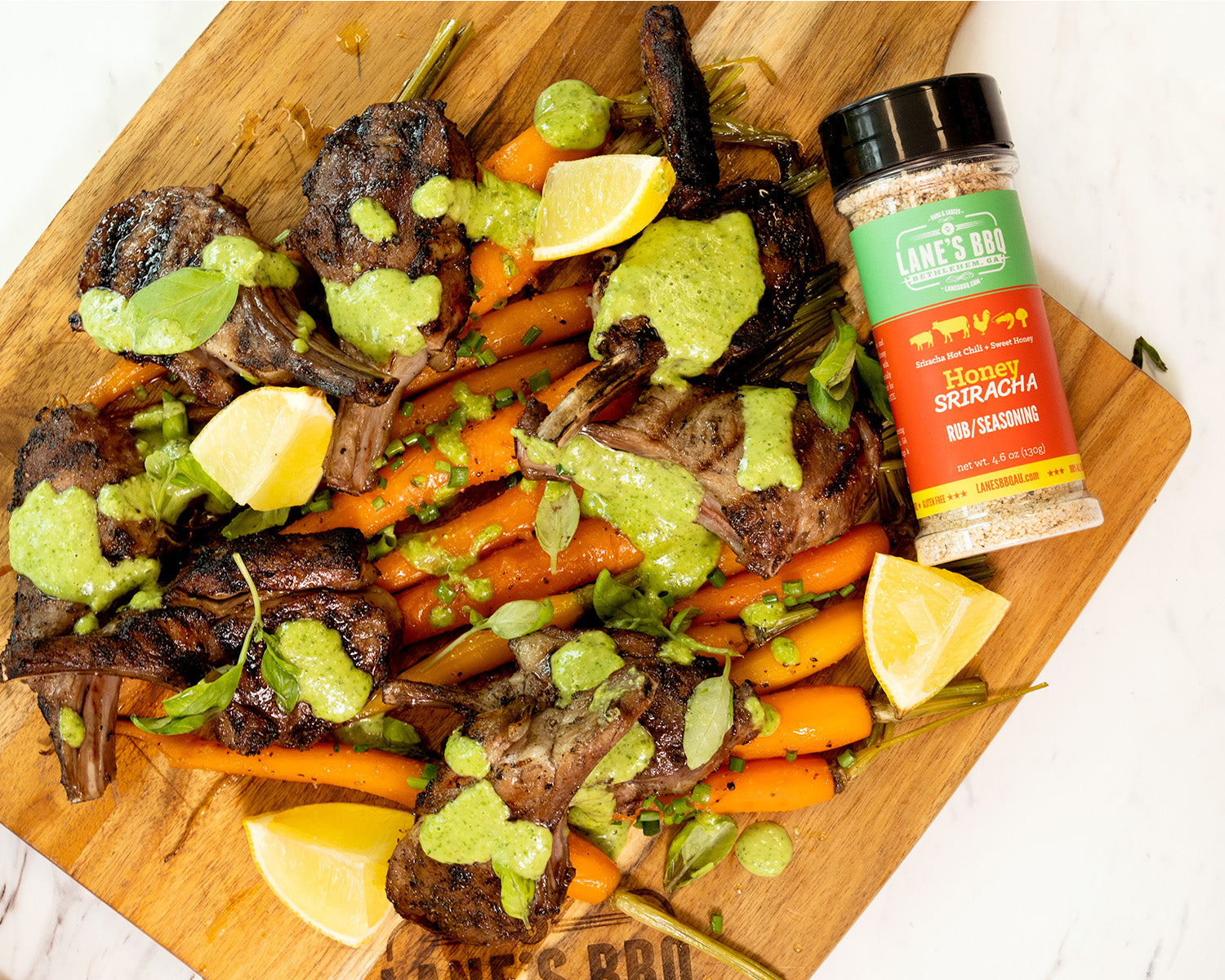 Honey Sriracha Lamb Cutlets With Carrots & Basil Pesto