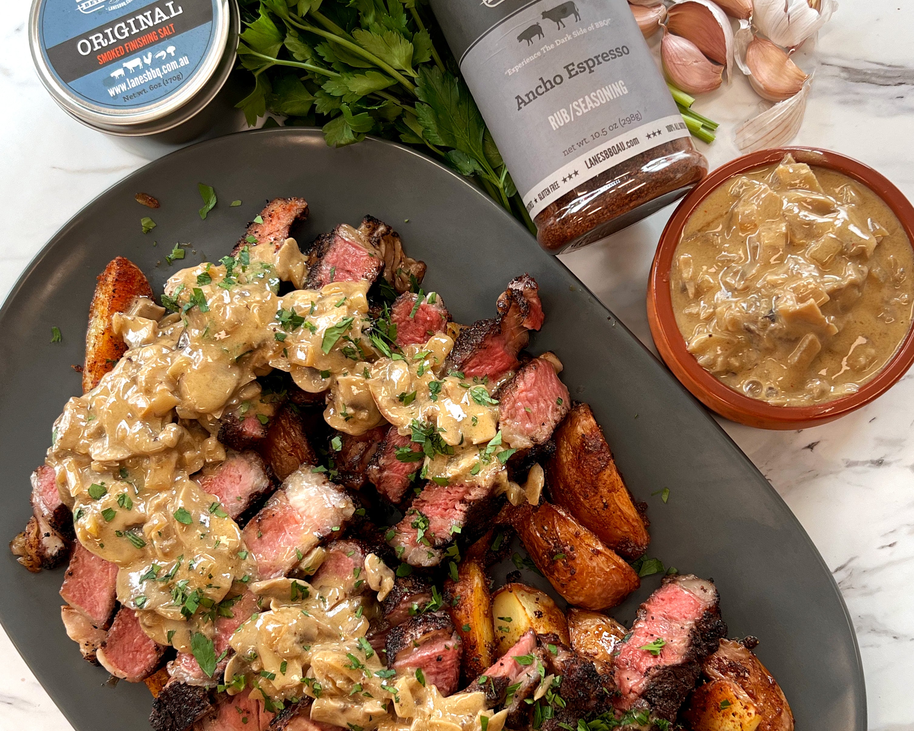 Reverse sear Scotch Fillet, Magic Dust Potatoes & Mushroom sauce