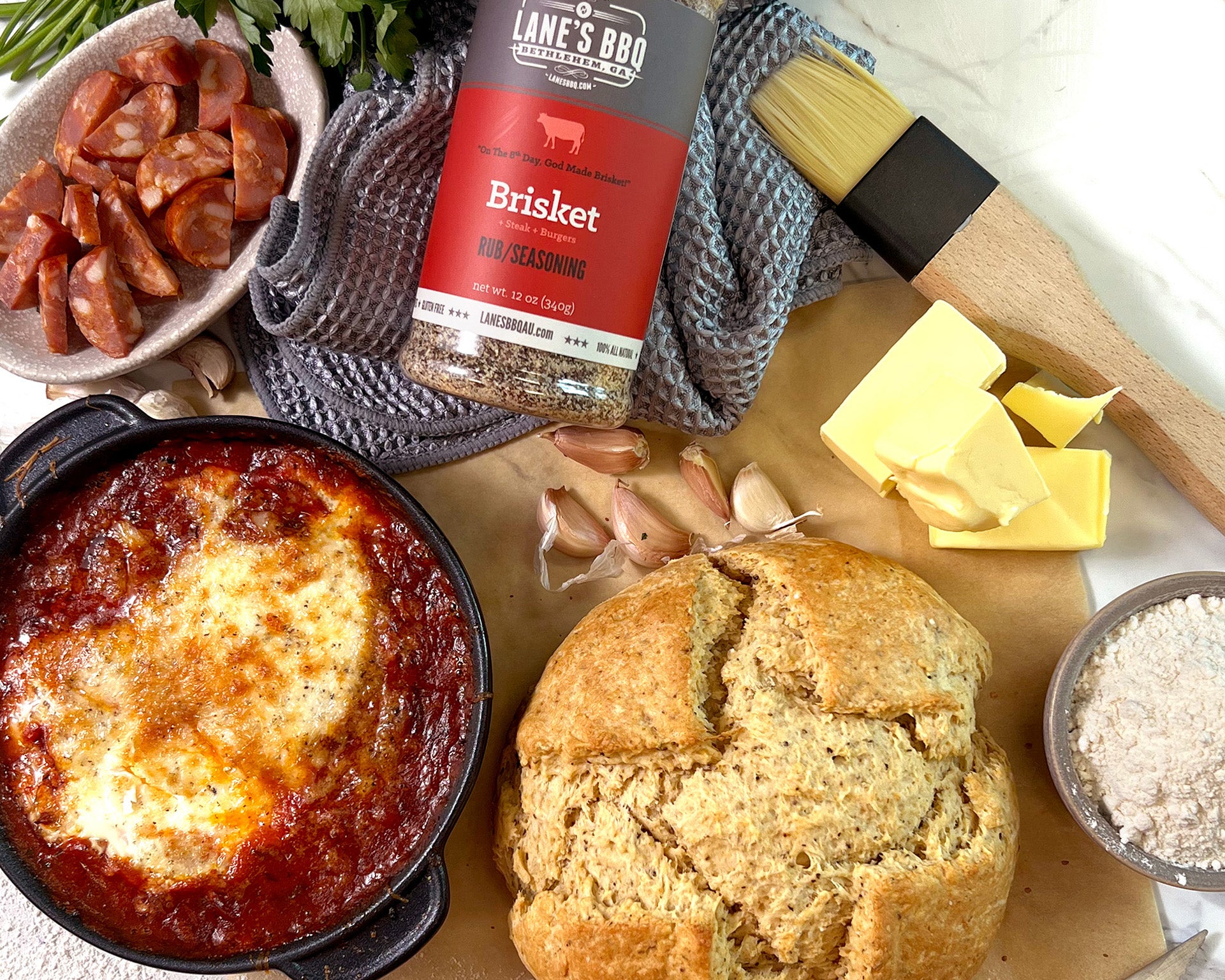 Chorizo Baked Eggs with Damper