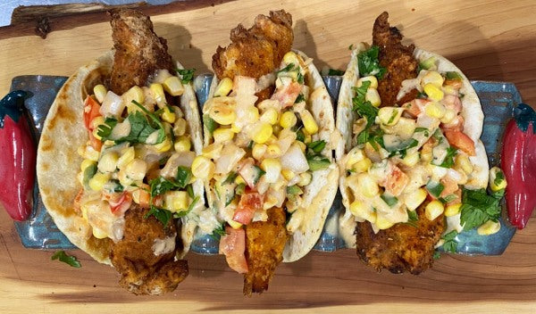 FRIED BLACKENED CATFISH TACOS w/ LANE'S CORN SALSA