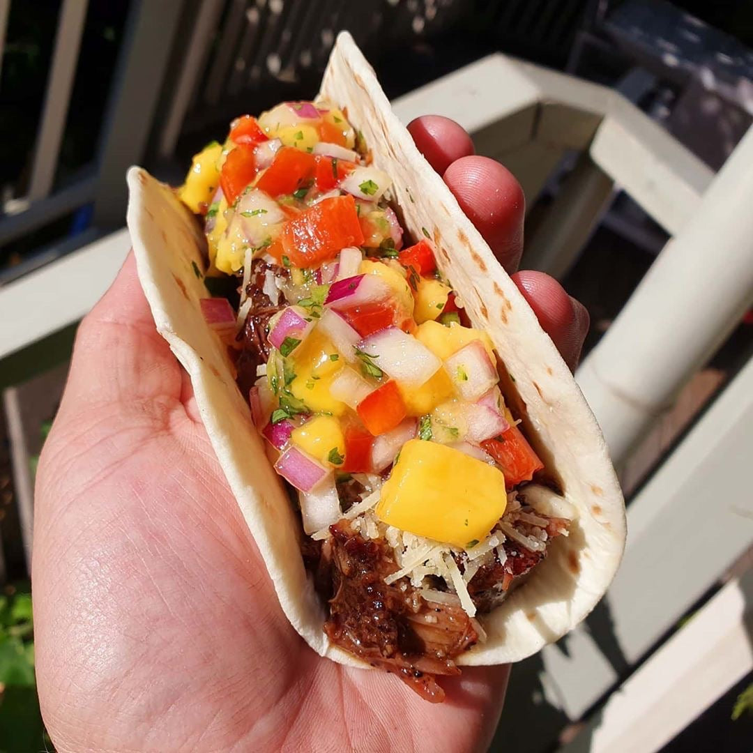 BEEF CHEEK TACOS w/ MANGO SALSA